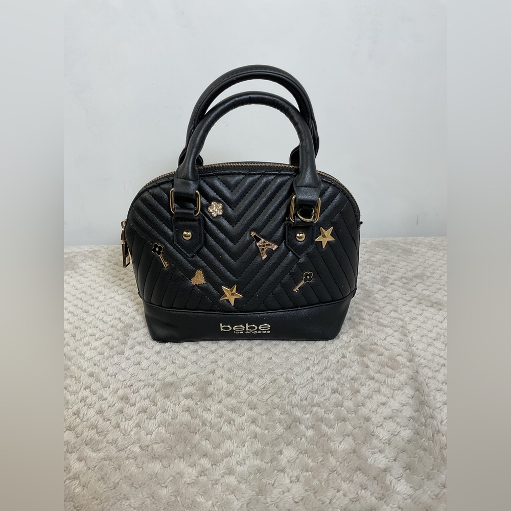 bebe Quilted Black Dome Satchel with Gold Accents
